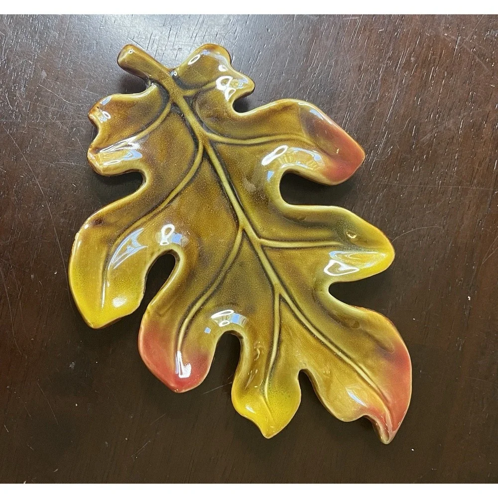 Gold/Green/Red Ceramic Fall Leaf Shaped Dish Trinket Tray Fall Nature Decor 7